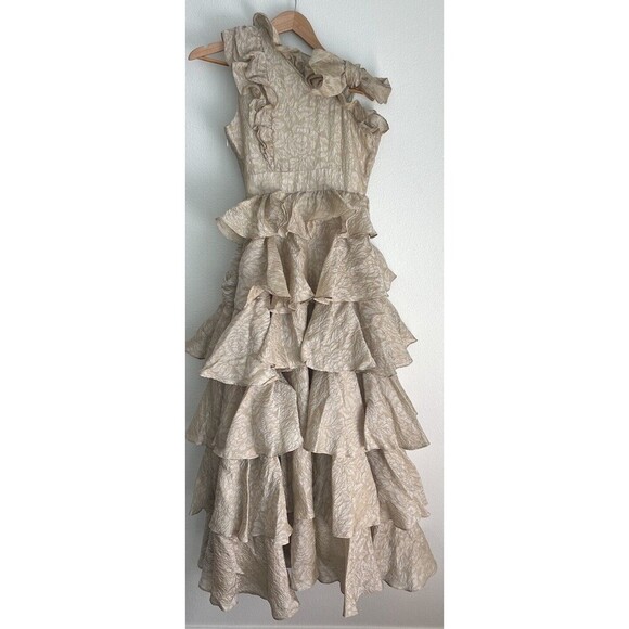 Rare Ulla Johnson Organza Brocade Ruffled Gown Ivory Gold Metallic Tiered Dress - Picture 7 of 13